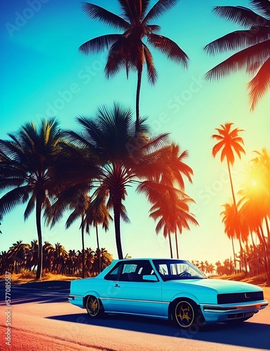 Retro car from the 90's with a view of the ocean and palm trees, travel concept, vacations, vacation, polaroid effect, generative ai 