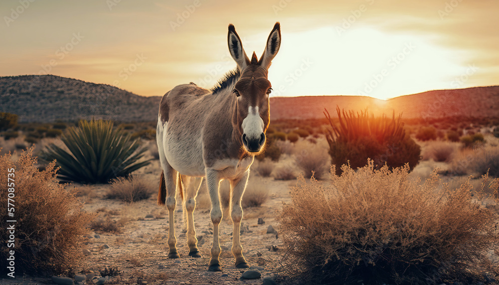 Cute and beautiful donkey in a field with dry grass in Santorini at sunset.. A summer relaxed concept. Generative AI