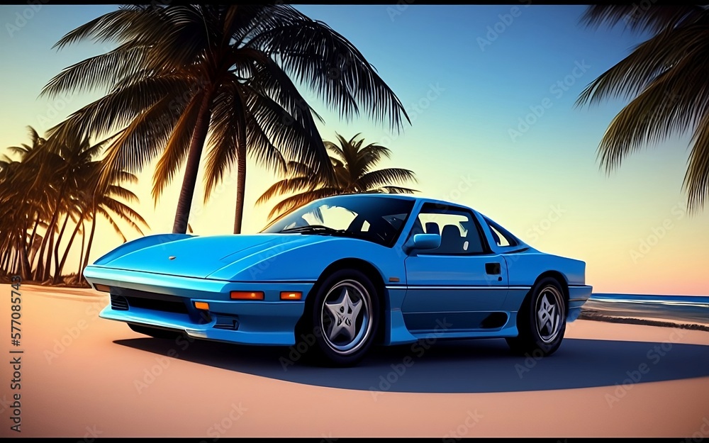 Retro car from the 90's with a view of the ocean and palm trees, travel concept, vacations, vacation, polaroid effect, generative ai	