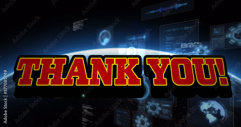 Obraz premium Image of thank you text and data processing with globe on black background