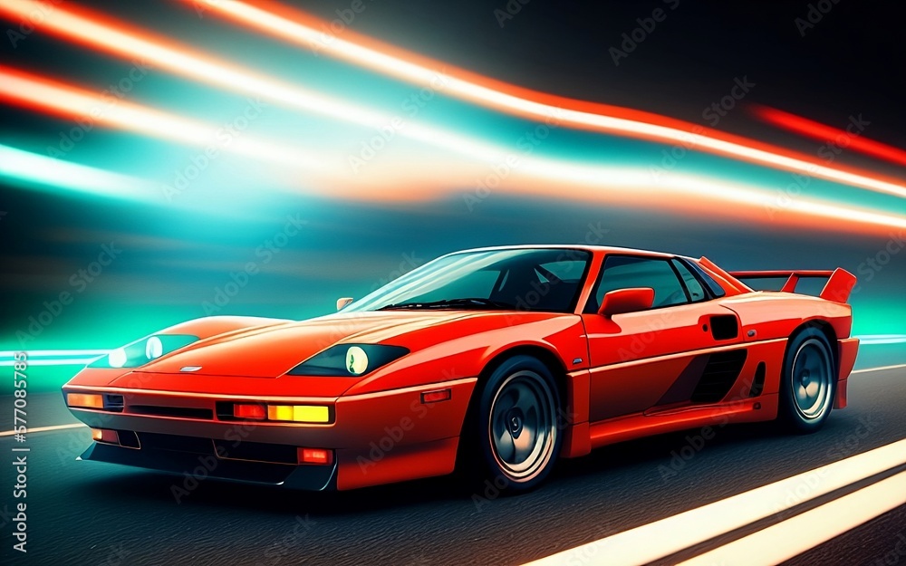 Sparky retro car of the 90s in motion, neon light, Polaroid effect, generative ai	