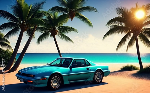 Retro car from the 90's with a view of the ocean and palm trees, travel concept, vacations, vacation, polaroid effect, generative ai  © AndErsoN