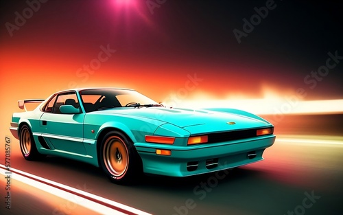Sparky retro car of the 90s in motion  neon light  Polaroid effect  generative ai 
