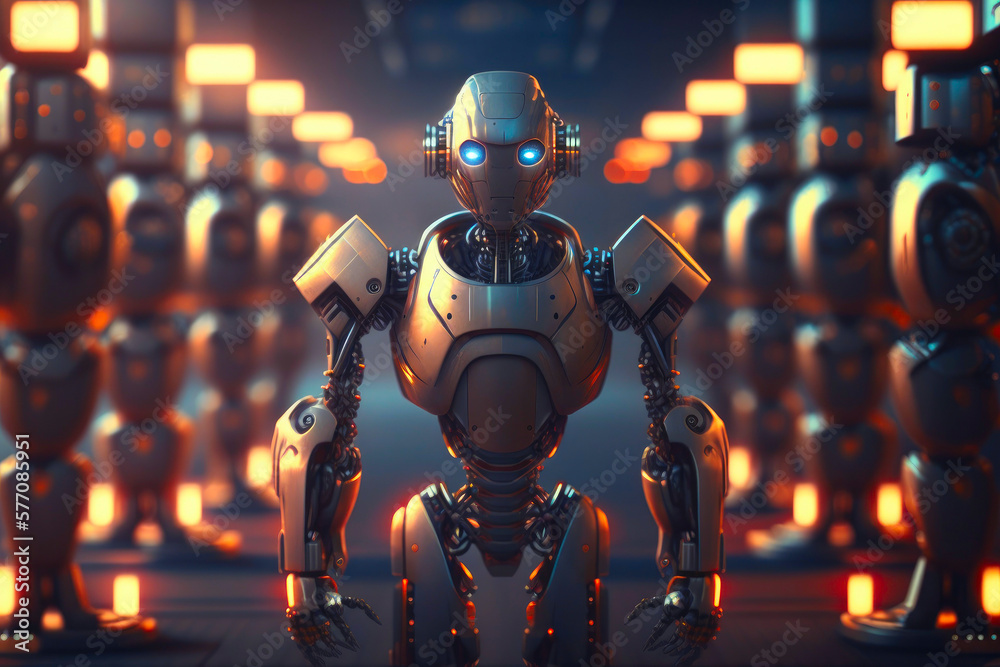 Robot front view. The robotic army of the future concept. Created with Generative AI technology. Robot front view. The robotic army of the future concept. Created with Generative AI technology.