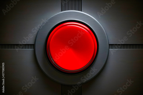 Red Button on the metal wall, closeup view. Created with Generative AI technology.