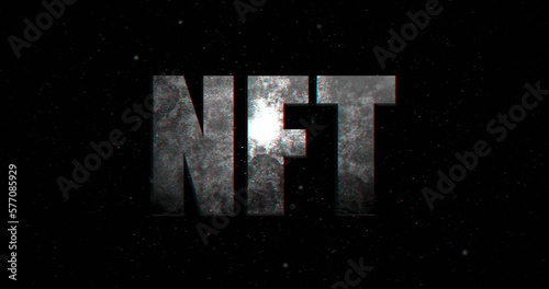 Image of nft text with glowing light on black background