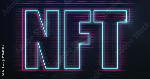 Image of glowing neon blue and purple outlined nft text on black background