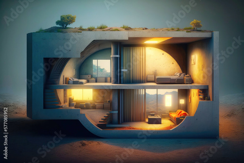 Underground bunker project in sectional view. Created with Generative AI technology.