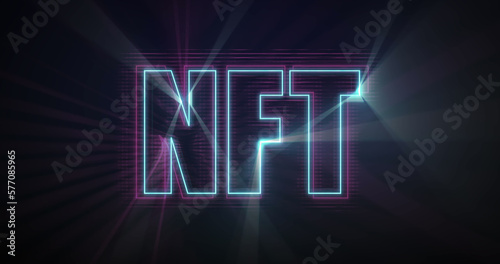 Image of glowing neon blue and purple outlined nft text on black background