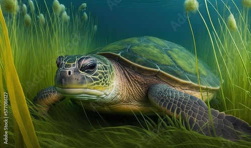  a painting of a green turtle in the grass with its eyes closed.  generative ai © Olga