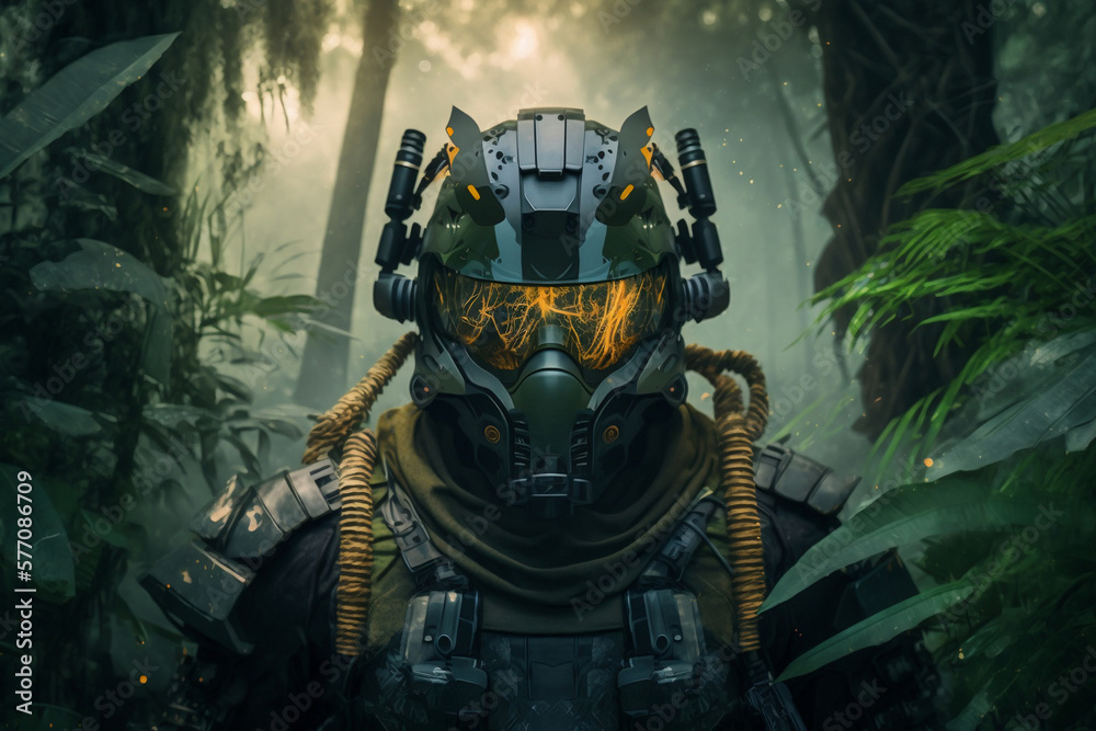 Soldier with military equipment in forest, Military soldier with futuristic equipment in the jungle, Generative AI