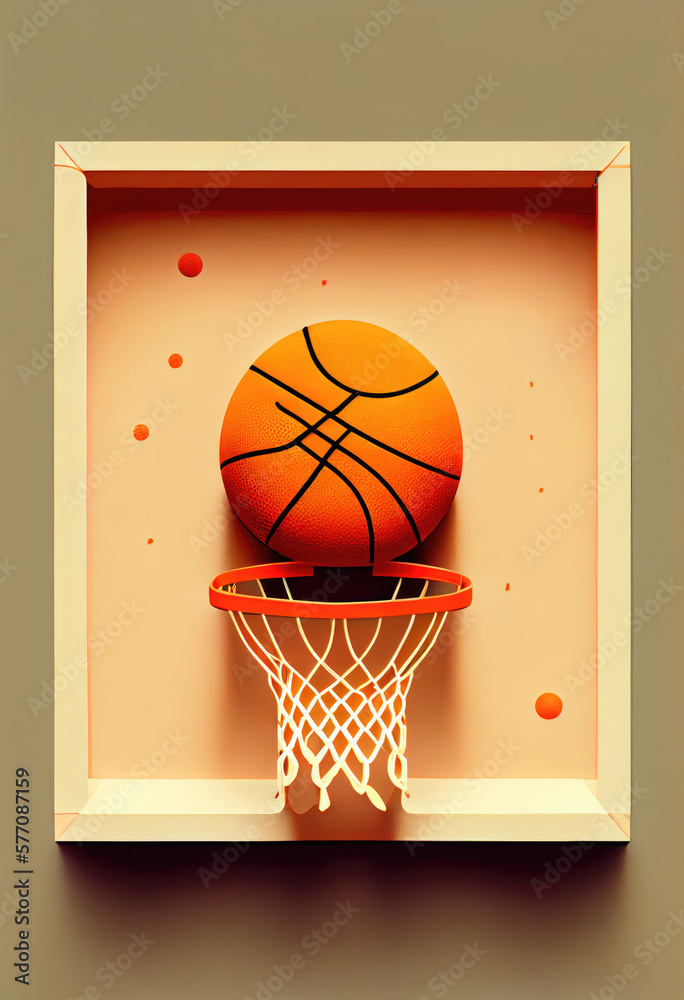 Generative AI illustration of a basketball next to the basket framed in a painting Generative AI illustration of a basketball next to the basket framed in a painting