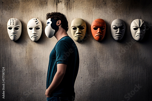 Man choosing which mask to wear. Generative AI illustration