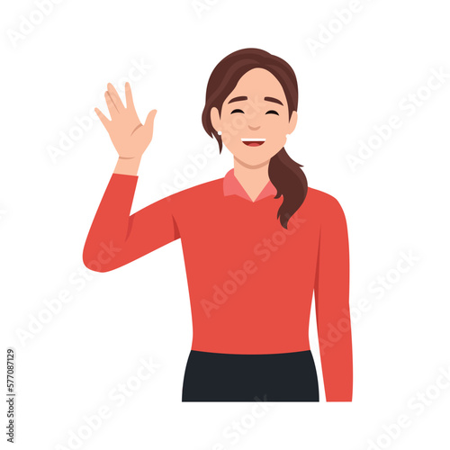 young good looking woman doing greet pose and say hi