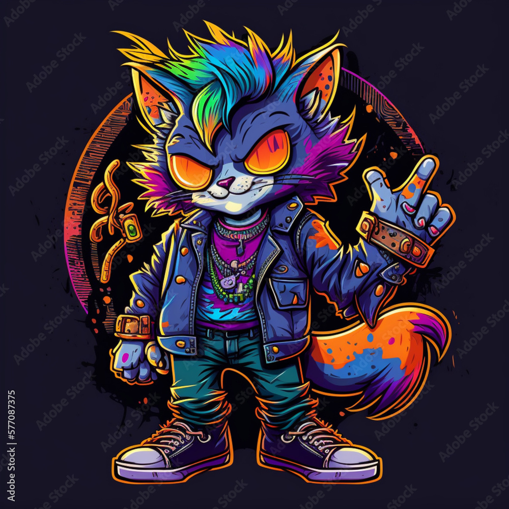 Colorful punk rock cat mascot for a candy store, dressed in 90s clothes and holding candy, with mischievous expression.