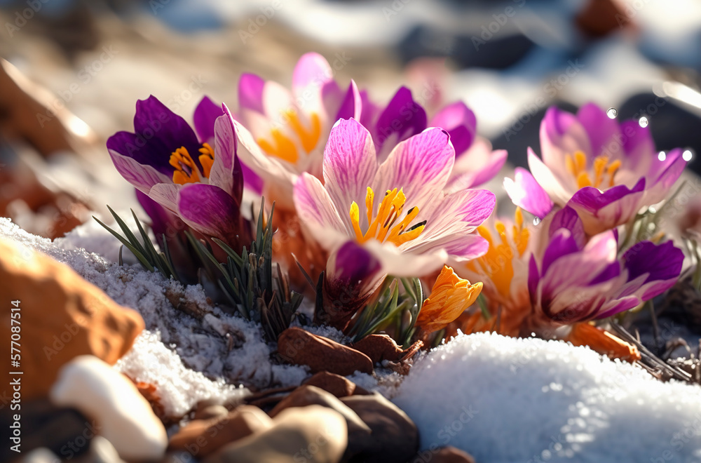 Spring flowers in sunny day, first spring flowers and snow, flowers blooming In spring, springtime, generative ai