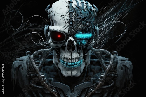 An illustration of a cyberpunk skull robot with hardwires and a grin, as seen through the eyes of a wearer of virtual reality goggles from the future. Generative AI