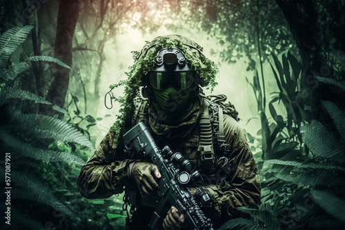 Soldier in green forest, Army man with military equipment in a jungle, Generative AI