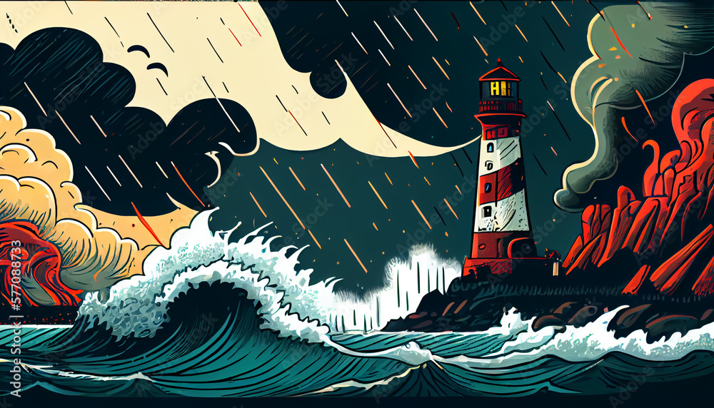 Cartoon illustration of a stormy sea with towering, generative Ai