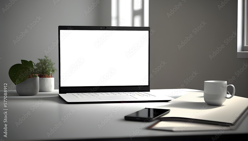 Close-up tabletop workspace. Workspace table with laptop computer mockup table. Generative AI. Close-up tabletop workspace. Workspace table with laptop computer mockup table. Generative AI.
