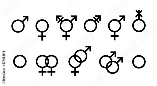 Gender symbol set. Black pictogram, glyph silhouette to represent sex and gender. Gender politics, LGBT identity and personality. Male and female sign. Transgender, non-binary and agender symbol.