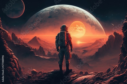 1 Astronaut. He stands on the edge of the valley and looks at the other planets, where there are warm and orange circles in space and the stars are in the sky. generative ai