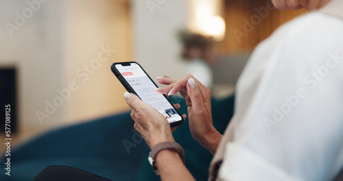 Hands, woman and phone screen for online shopping, reading post or target advert. Female, closeup or smartphone for product website, marketing ad or social media for chatting, connectivity or texting