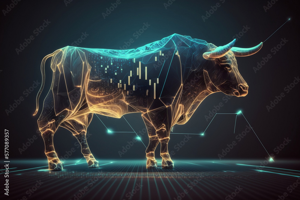 Bull on stock market chart background, A bull statue with stock market chart background in a digital futuristic style, Generative AI