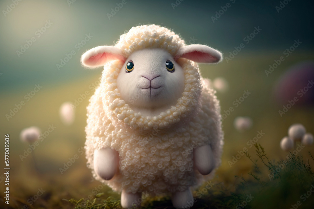 A Funny Fluffy Sheep Grazing on a Lush Green Spring Meadow