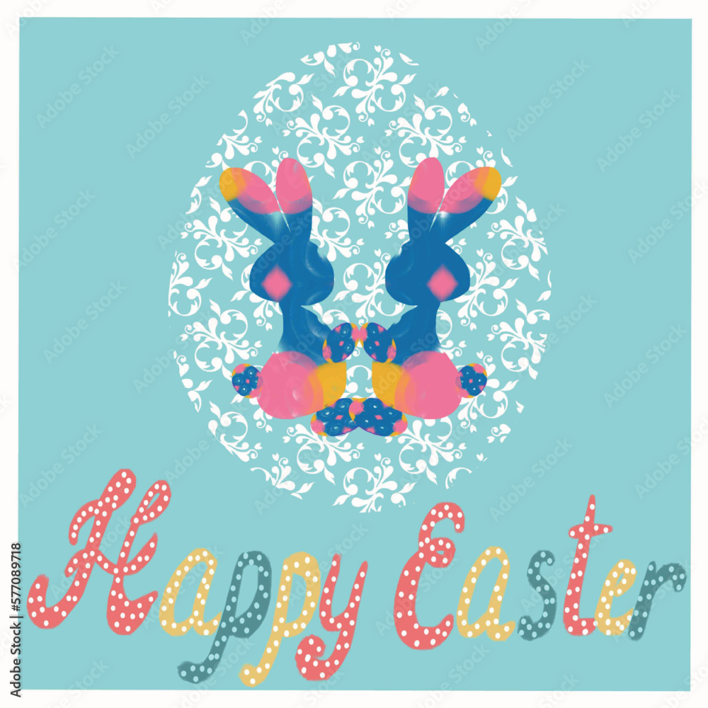 easter greeting card a couple of bunnies congratulates on Easter,an openwork white Easter egg,colored rainbow bunnies,easter bunnies,happy easter