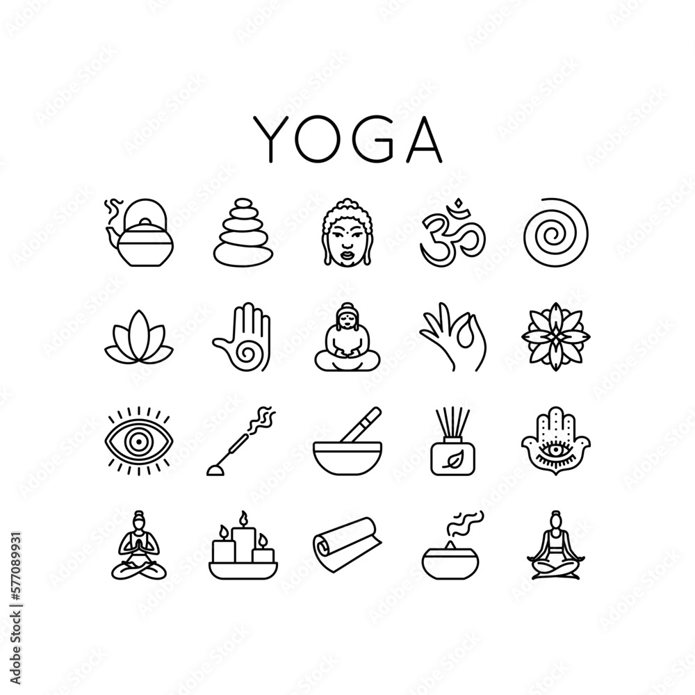Set of icons for meditation and yoga. State of mind, religion, spa, meditation, self-knowledge, spiritual practice, relaxation.