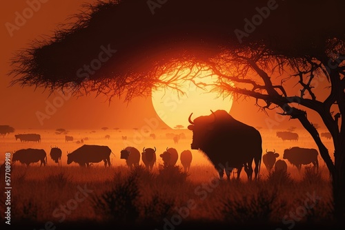 Buffaloes and wild cows in a plain  a tree  and a sunset. generative ai
