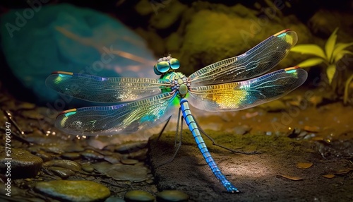  a dragonfly sitting on a rock in a pond with water droplets on it's wings and wings, with a green and blue background of rocks and leaves. generative ai