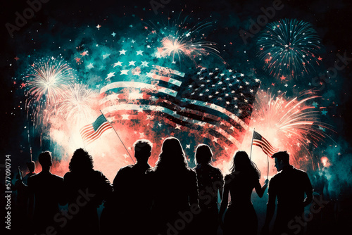 Wallpaper Mural People celebrating the 4th of July. Flags and fireworks. Generative AI Torontodigital.ca