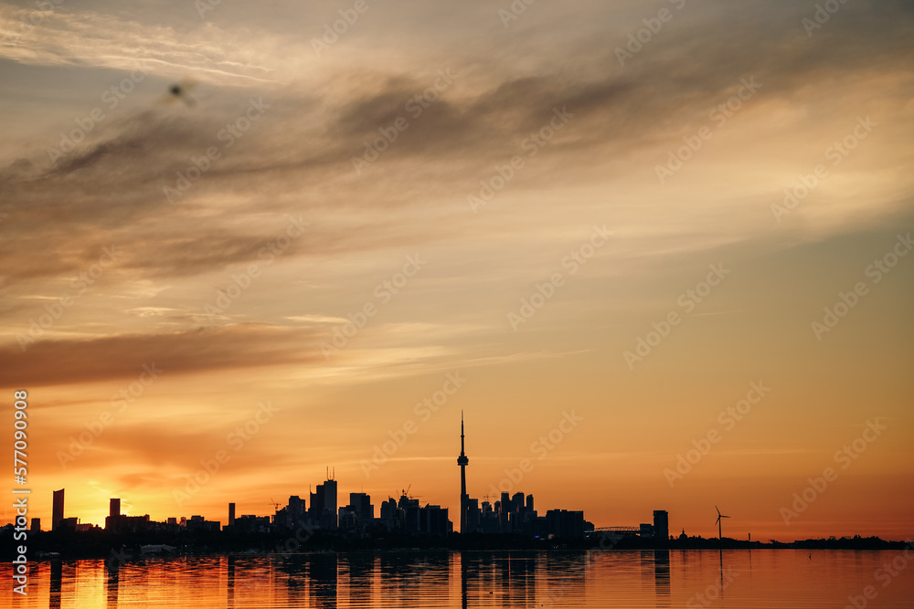 Panoramic view of Toronto skyline at sunrise, Ontario, Canada