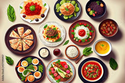 Tasty Arabic Cuisine;Middle Eastern traditional dishes and assorted meze. Generative Ai