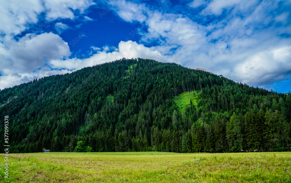 Rural mountain landscape in Italy in the Dolomites. Amazing bright colorful spring and summer landscape. Green blooming fields, wooded mountains and blue sky with clouds. Natural landscape, Europe. Rural mountain landscape in Italy in the Dolomites. Amazing bright colorful spring and summer landscape. Green blooming fields, wooded mountains and blue sky with clouds. Natural landscape, Europe.