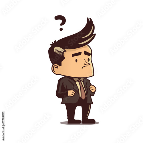 Business man character questioning. Vector cartoon illustration with little businessman person with question mark. Searching for solution, doubts, confusion, learning