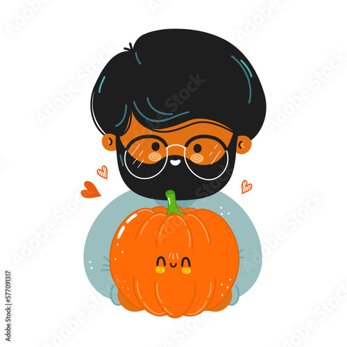 Young cute funny men hold pumpkin in hand. Young boy hugs cute pumpkin. Vector hand drawn doodle style cartoon character illustration icon design. Isolated on white background