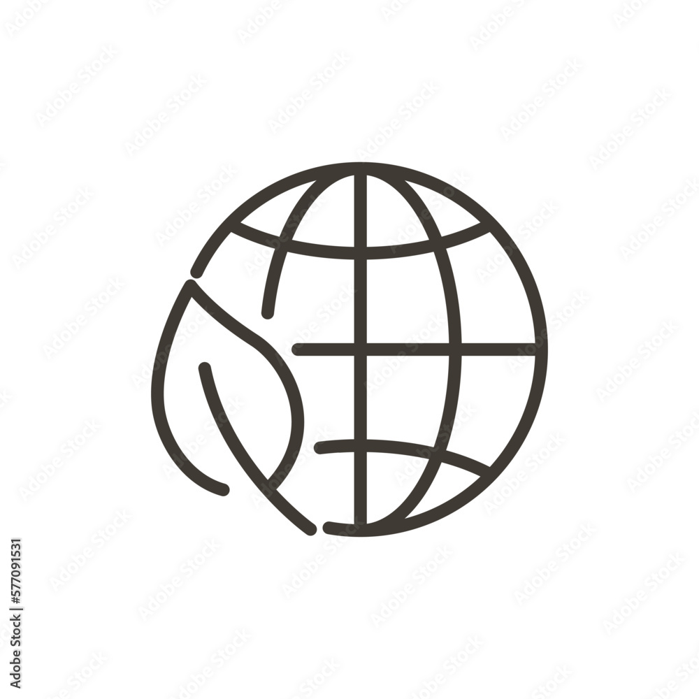 Planet earth with leaf icon. Vector thin line illustration of green earth nature care. World ecology, environment protection, global climate awareness Planet earth with leaf icon. Vector thin line illustration of green earth nature care. World ecology, environment protection, global climate awareness