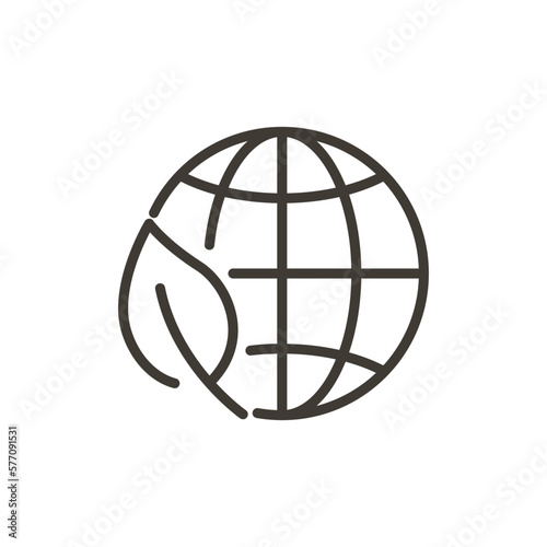 Planet earth with leaf icon. Vector thin line illustration of green earth nature care. World ecology  environment protection  global climate awareness