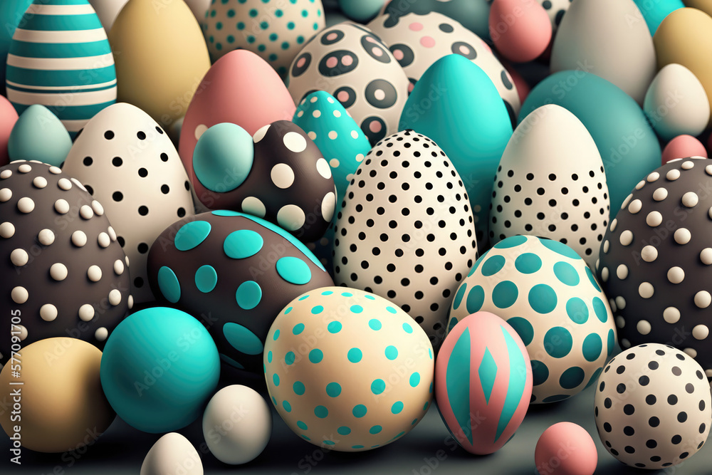 Easter eggs painted dots. Many creative beautiful painted Easter eggs as background, closeup. Generative ai illustration