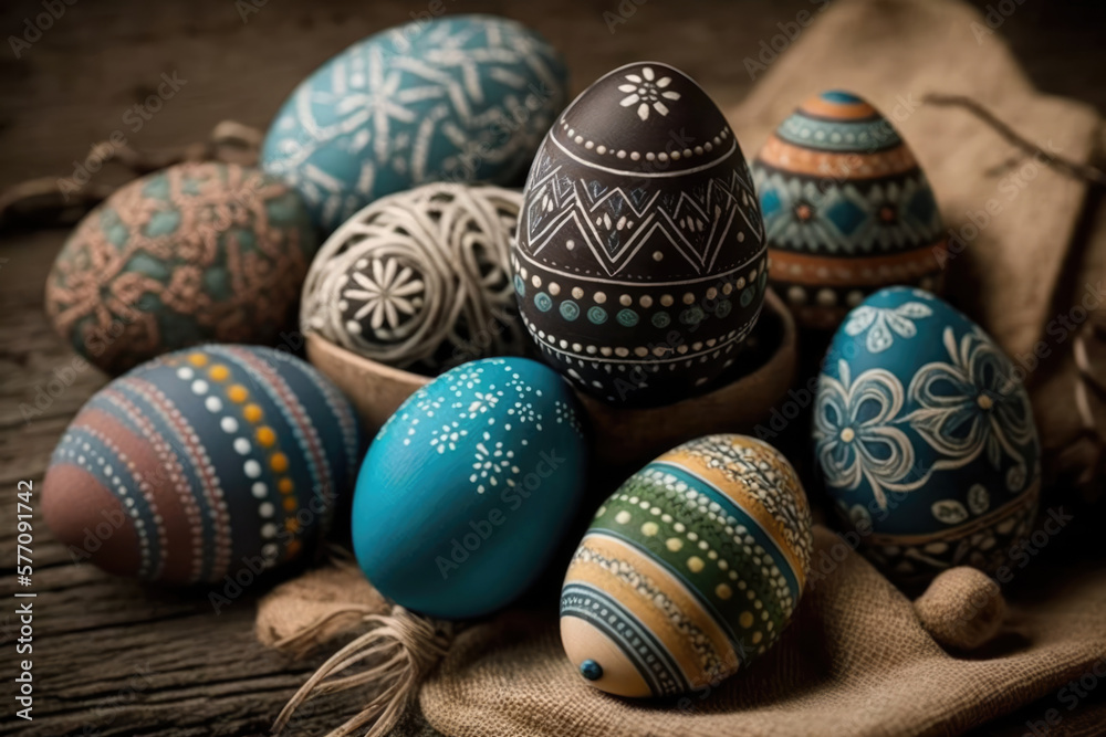 Easter eggs collection. Painted easter eggs on a wooden table, selective focus, blurred background. Happy Easter. Easter background for greeting card, banners, invitation. Generative ai illustration Easter eggs collection. Painted easter eggs on a wooden table, selective focus, blurred background. Happy Easter. Easter background for greeting card, banners, invitation. Generative ai illustration