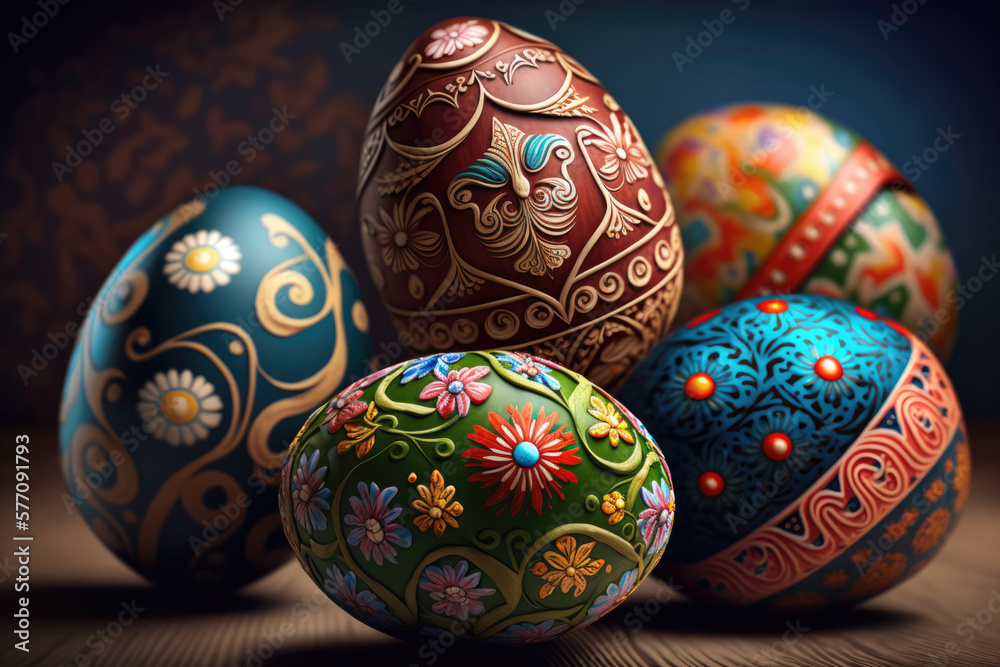 Easter eggs collection. Painted easter eggs on a table, selective focus, blurred background. Happy Easter wallpaper. Easter background for greeting card, postcard, banner. Generative ai illustration Easter eggs collection. Painted easter eggs on a table, selective focus, blurred background. Happy Easter wallpaper. Easter background for greeting card, postcard, banner. Generative ai illustration