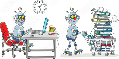 Cartoon set with a funny robot sitting at its desk, typing on a laptop and pushing a cart full of folders with documents in an office, vector illustrations isolated on a white background