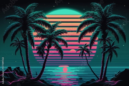 Incredible dreamlike scene with palm trees, water, and a glowing sun made of neon. synthwave reminiscent to the aesthetic of the 1980s. Generative AI