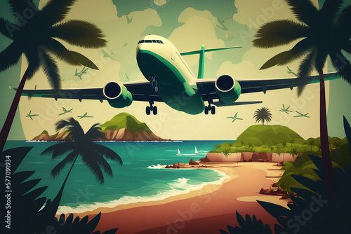 Plane landing at tropical resort, Airplane Landing at Tropical Resort, Sea Beach and Jungle View, Generative AI