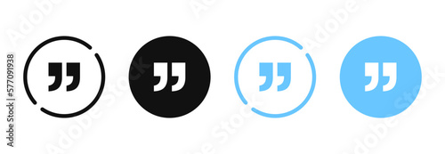 Set of quote mark, quotes icon, sign, symbol, emblem. Ditto marks icon set. Quotation marks. Dialogue discussion symbol for UI UX, website, mobile app.