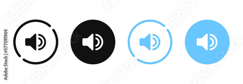 Speaker and sound icon. Computer voice icon. Megaphone and music icon. Sound pictogram. Musical note. Audio sign. UI UX element. Sound button. Audio system, noise with soft UI, push button.