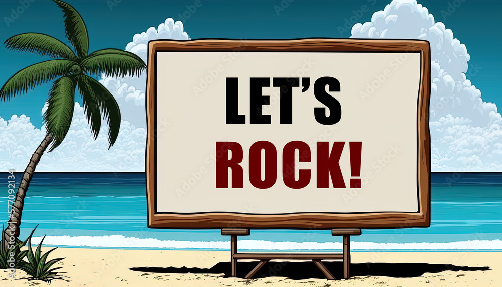 Let's rock text on billboard on the beach with sea, coconut tree and sky as background. Cartoon style illustration. Digital illustration generative AI.